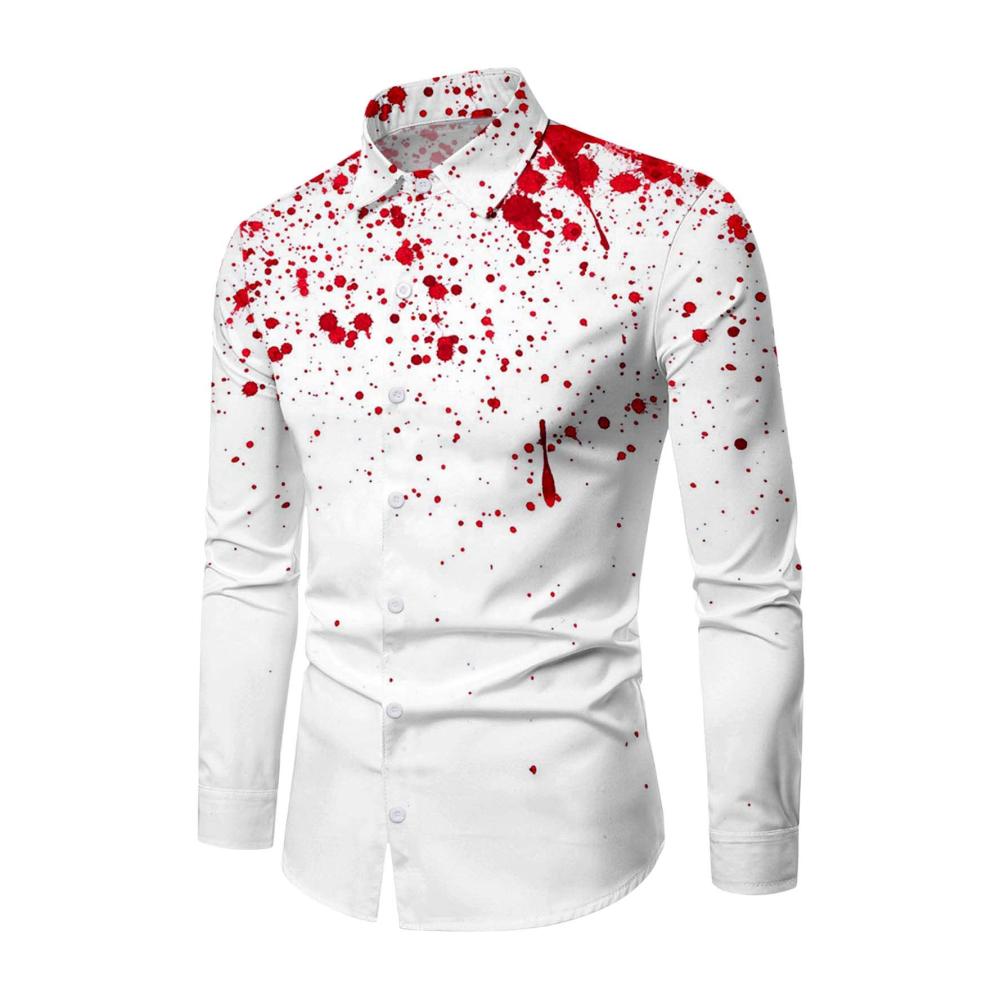 Halloween Party-Hemd für Herren Blutfleck-Design Langarm Umlegekragen Schwarz/Weiß Größe L Bügelfrei