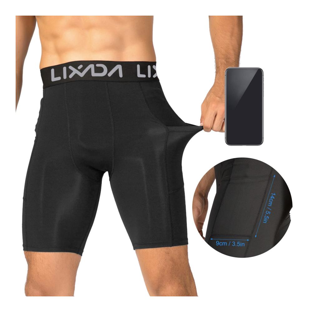 Performance-Sport Shorts für Herren - Elastische Hose kühl trocken mit Taschen - Baselayer Strumpfhose für Active Workouts in Schwarz Grau Dunkelblau (Größe L