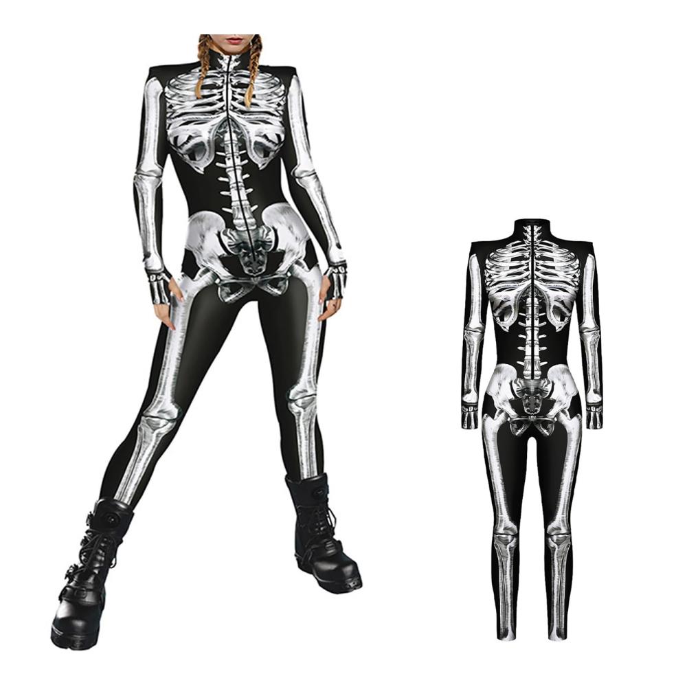 Halloween Damen Jumpsuit - Skelett Kostüm mit 3D Print Langarm Skinny Catsuit für Cosplay - Damen Overall im Bodycon Stil Ganzkörperanzug mit Skelett-Muster