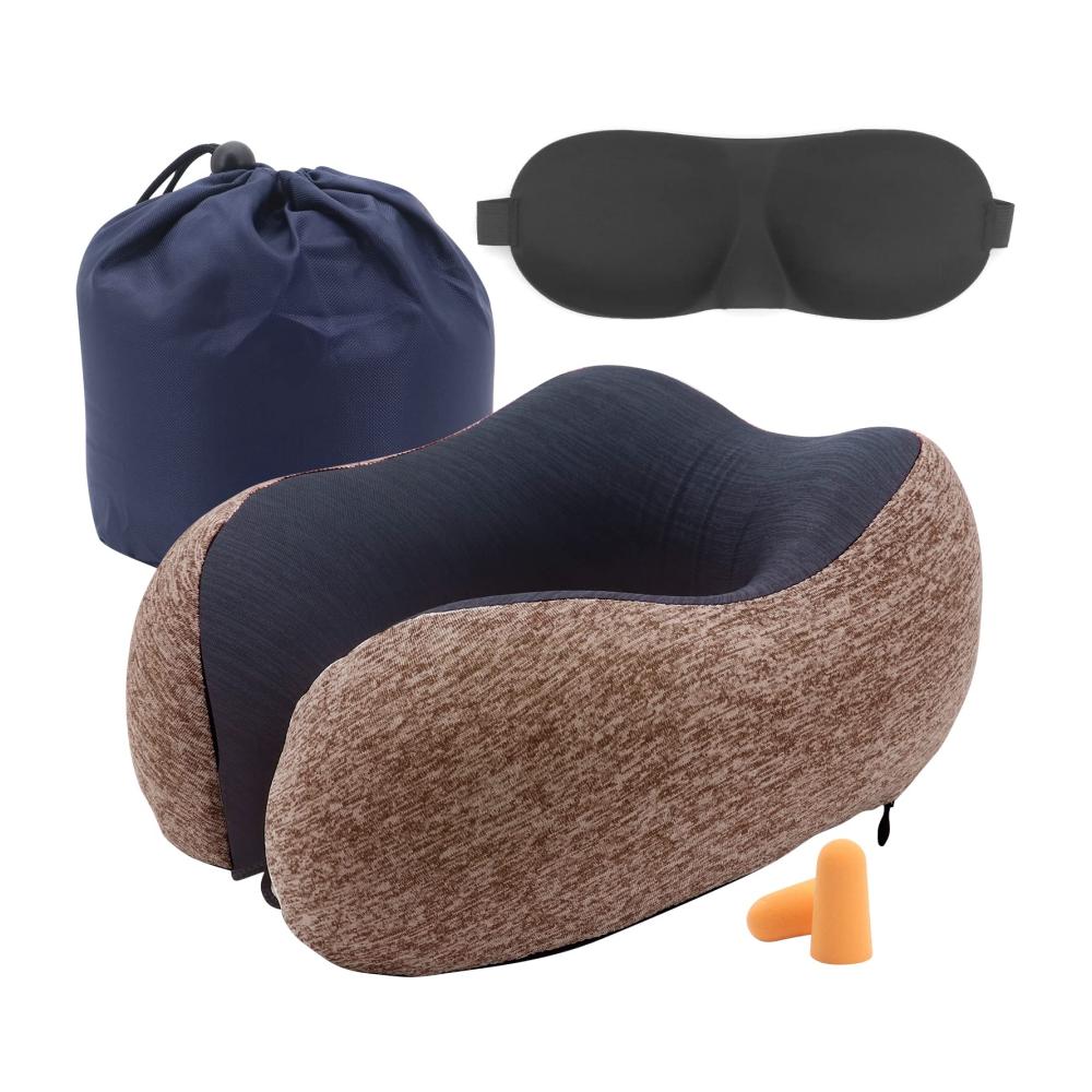 Braunes Memory Foam Reisekissen mit Aufbewahrung Augenmaske & Ohrstöpseln - Ideales Nackenkissen für Flugzeug Bus Bahn & Camping