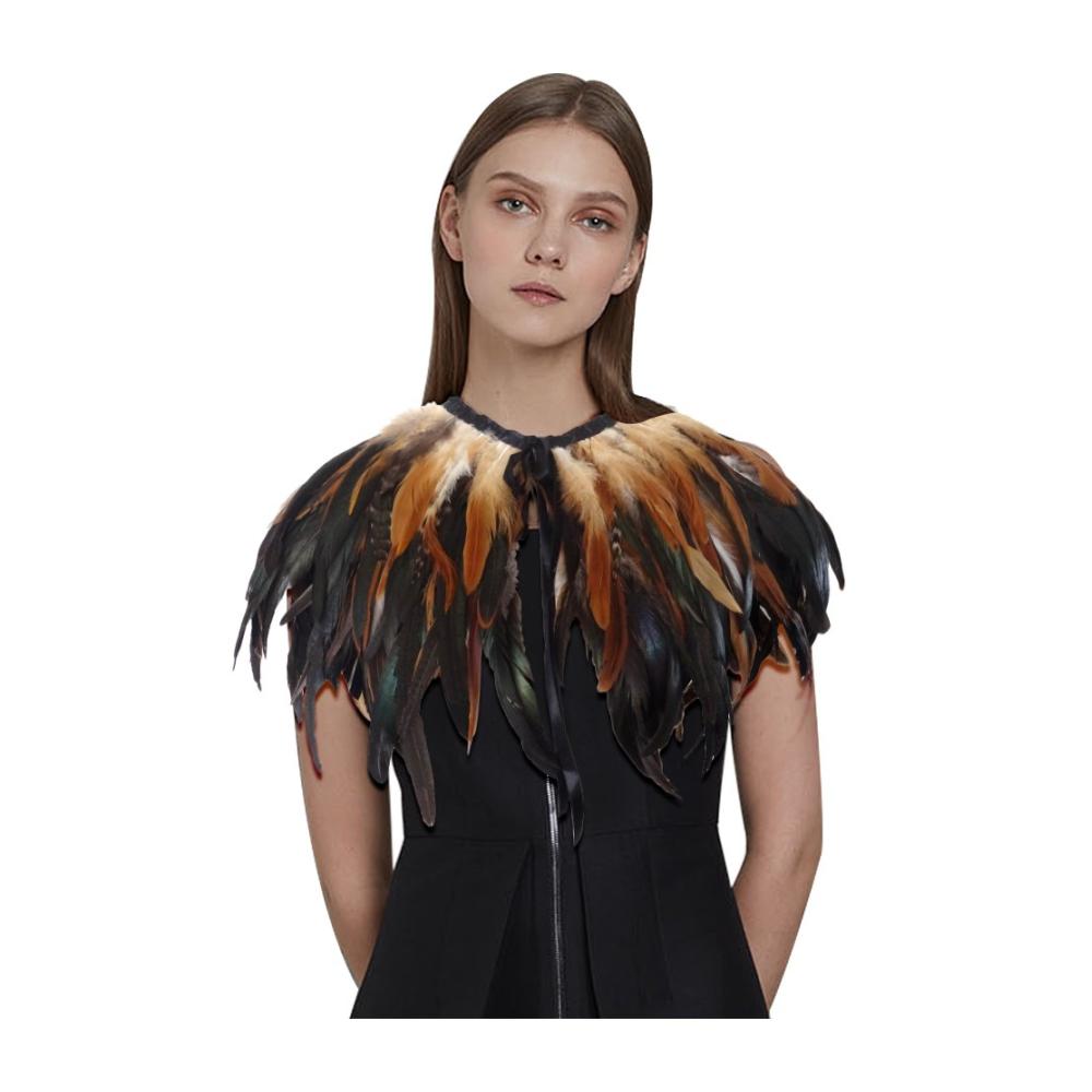 Pashmina Damenponcho mit echten Federn - Eleganter Stola Schal mit Cape-Kragen