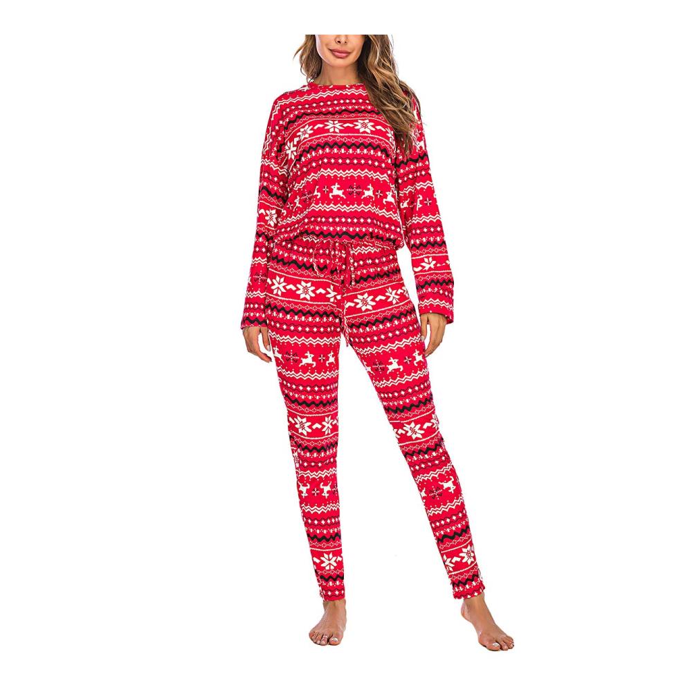 Damen Schlafanzug Weihnachten 2-teiliges Set mit Rentier- und Schneeflocken-Print lockerer Schnitt elastischer Jumpsuit für gemütliche Nächte Zuhause
