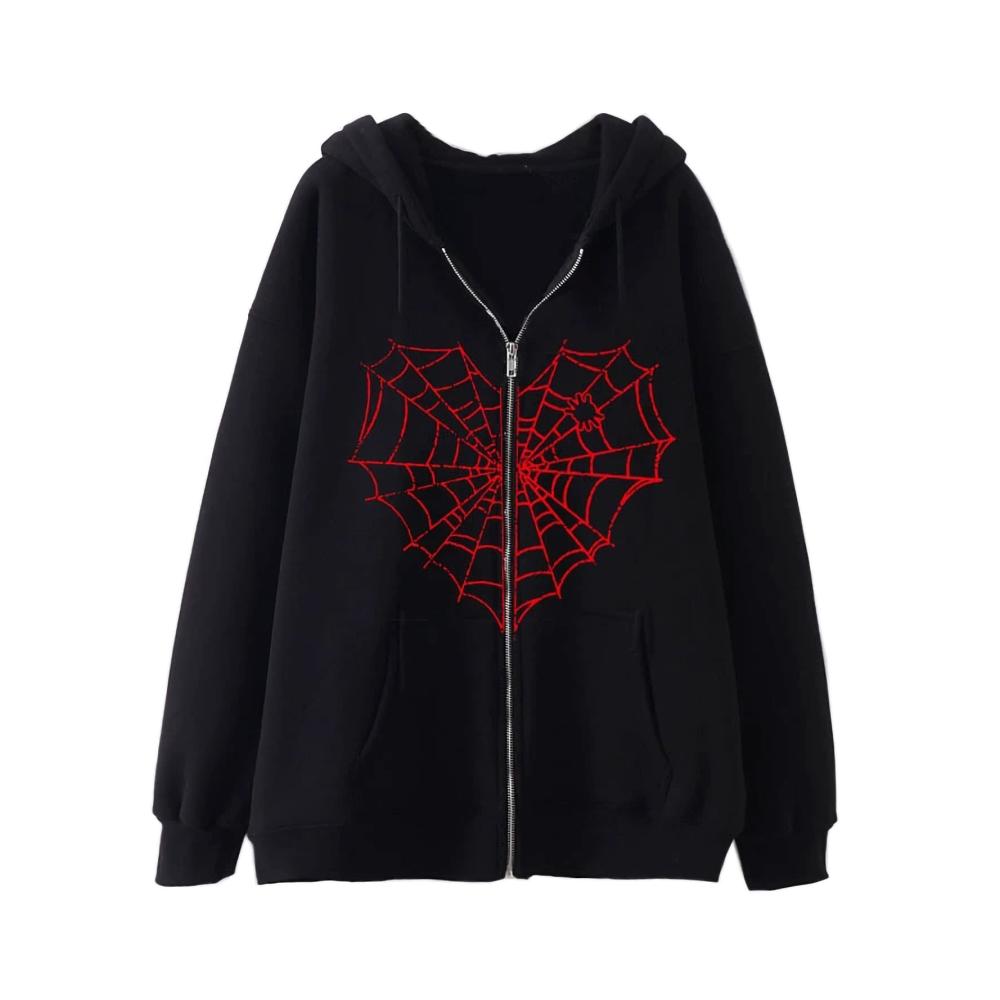 Bellezasourire Damen Kapuzenpullover mit Reißverschluss - Herbst/Winter Warm Langarm Hoodie mit Schädel Spinnennetz und Herzdruck