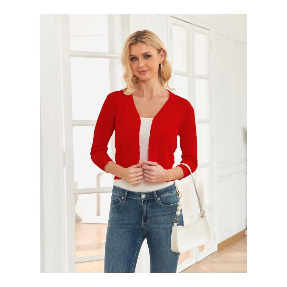 Damen Bolero Cardigan Leichte 3/4-Ärmel Strickjacke mit V-Ausschnitt - Eleganter Basic-Kurzcardigan von CUNYI