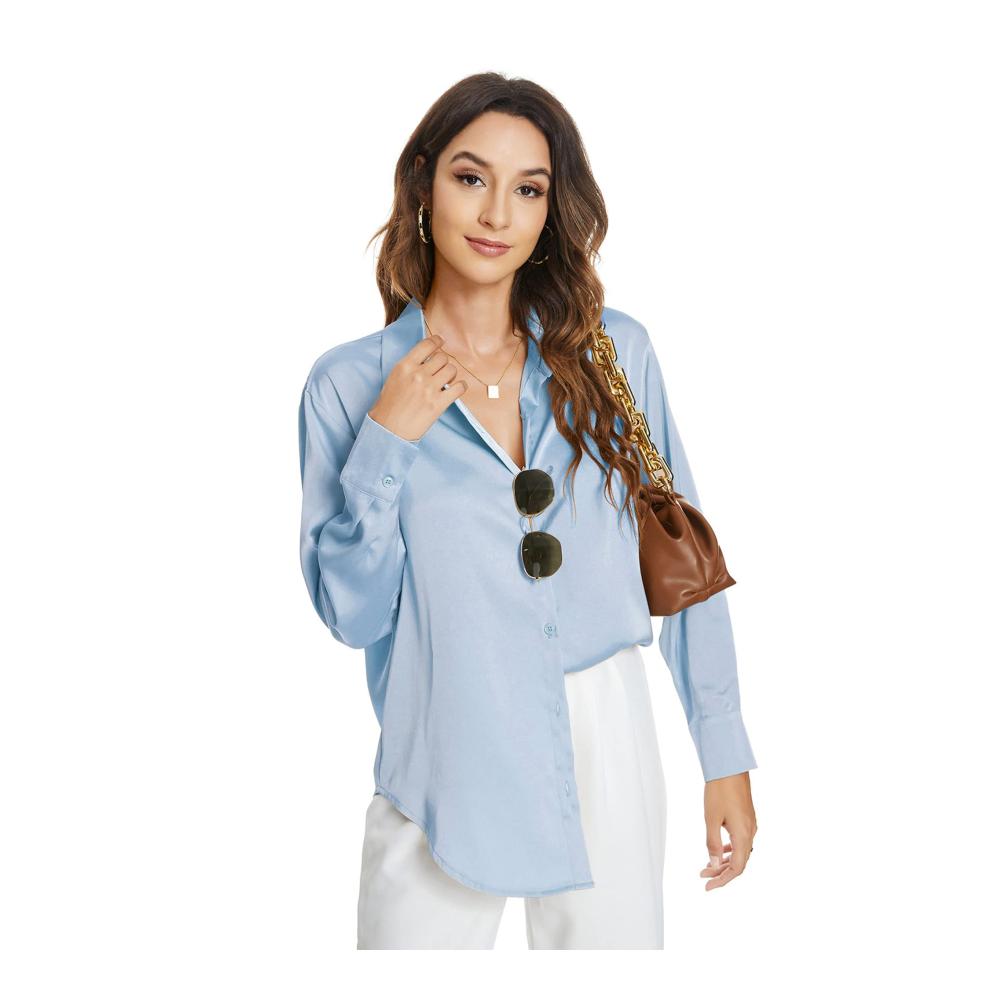 Damen Bluse Langarm Satin Seide Hemden mit Knöpfen Basic Kent Kragen für Arbeit Büro Formelle und Casual Anlässe
