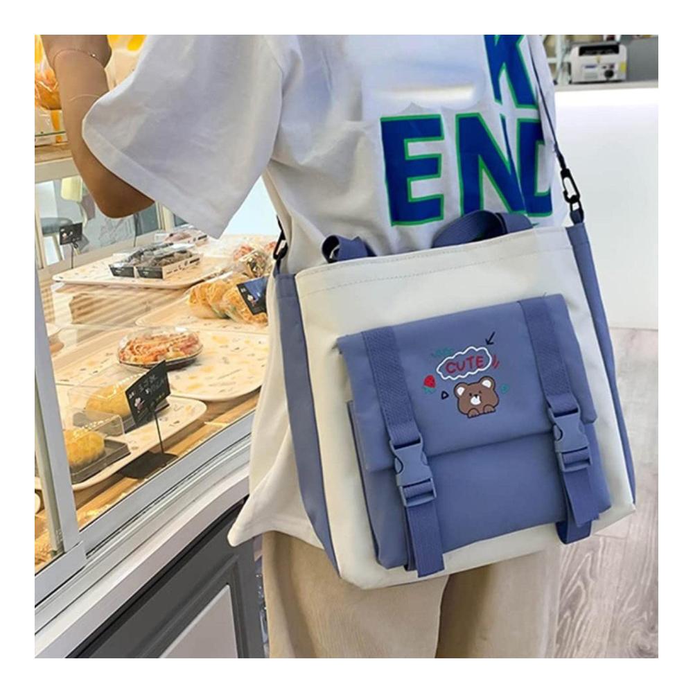 Kawaii Schulrucksack Set – 5-teiliges Ensemble mit Bärenanhänger Canvas Schultaschen ästhetischem Design für Teenager Mädchen – Rucksack Tragetasche Umhängetasche Federmäppchen inklusive