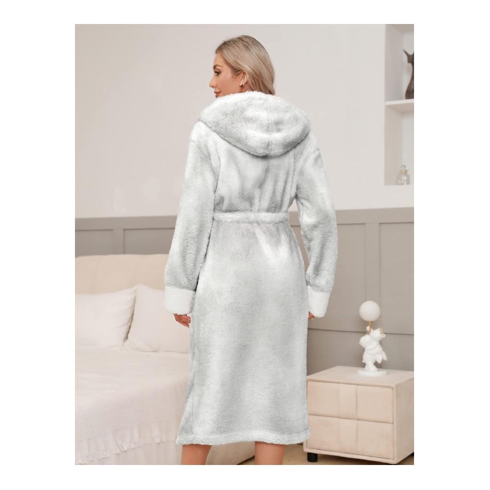 Bademäntel Damen & Herren - Kuscheliger Fleece Morgenmantel mit Kapuze Saunamantel für Reisen - Aufgesetzte Taschen und Gürtel inklusive