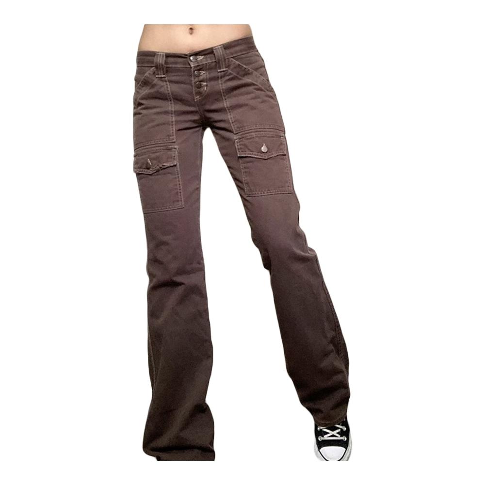 Vintage Damen Jeanshosen Aesthetics Straight Wide Leg Schlaghose Y2k Indie Denim Cargohose Low Waist 90er Streetwear