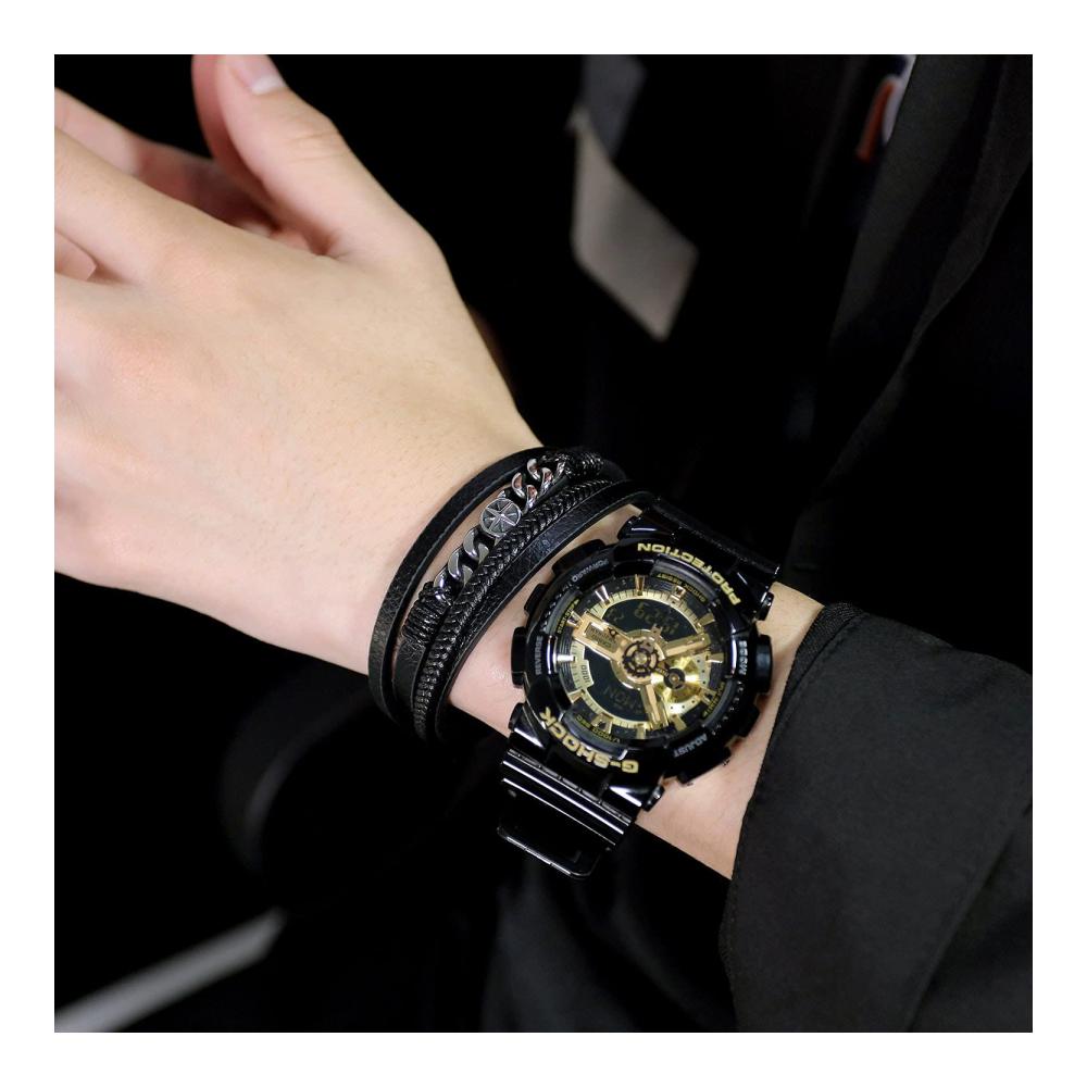 Kompass Wickelarmband Geflochtenes Schwarzes Leder mit Edelstahl-Kompass - Breites Armband für Männer mit Magnetverschluss