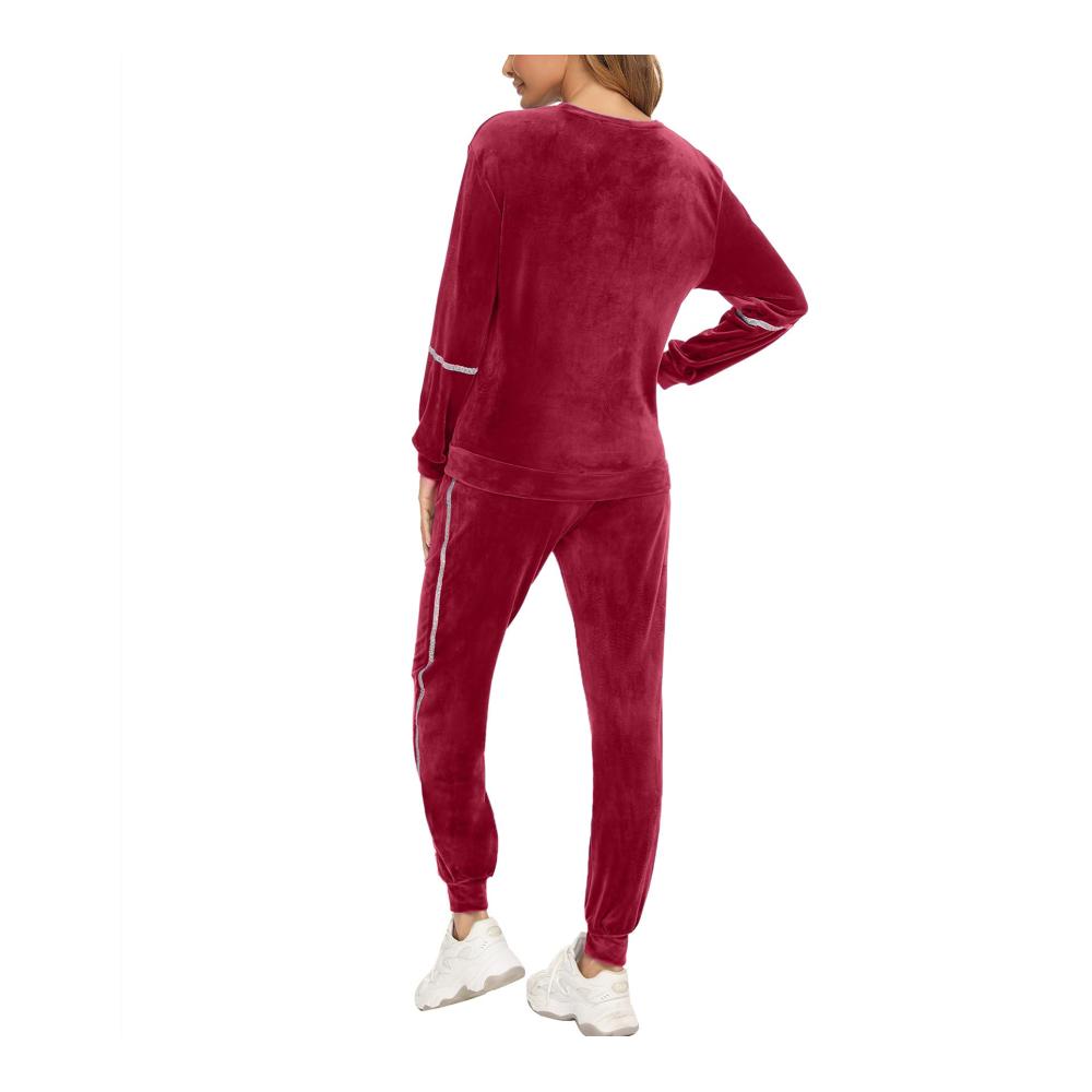 Damen Velours Schlafanzug mit Paillettenbündchen - Samtweicher 2-teiliger Freizeitanzug Langarm Pullover mit Rundhals und Gummizug Hose inklusive Tasche