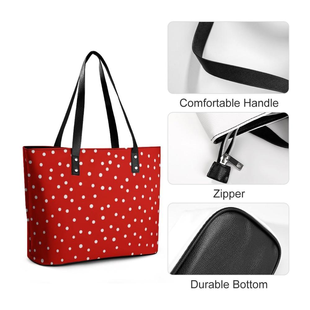 Elegante Handtasche aus Pebbled PU Leder perfekt für Business und Freizeit | Rot Weiß Runde Punkte Muster | 29*34*14cm
