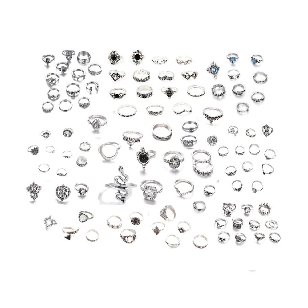 101-teiliges Set Silberne Vintage-Knuckle-Ringe für Frauen - Boho Midi & Stapelbare Finger-Ringe inkl. Daumenringe - Modischer Schmuck