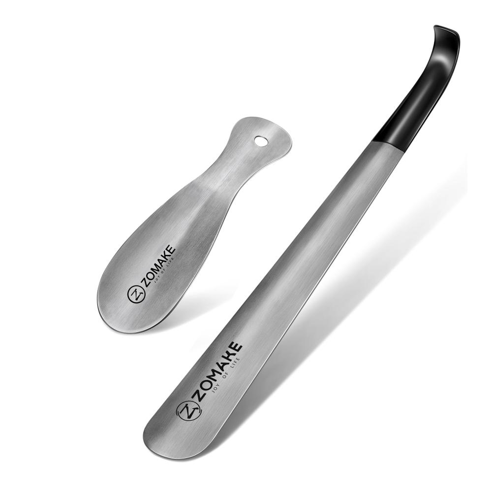 Edelstahl Schuhlöffel Set – 42cm Lang & 19cm Klein 2er Pack mit Gummihülse Wandhalterung für Senioren – Metall Schuhanzieher Shoe Horn Silber 42&19cm