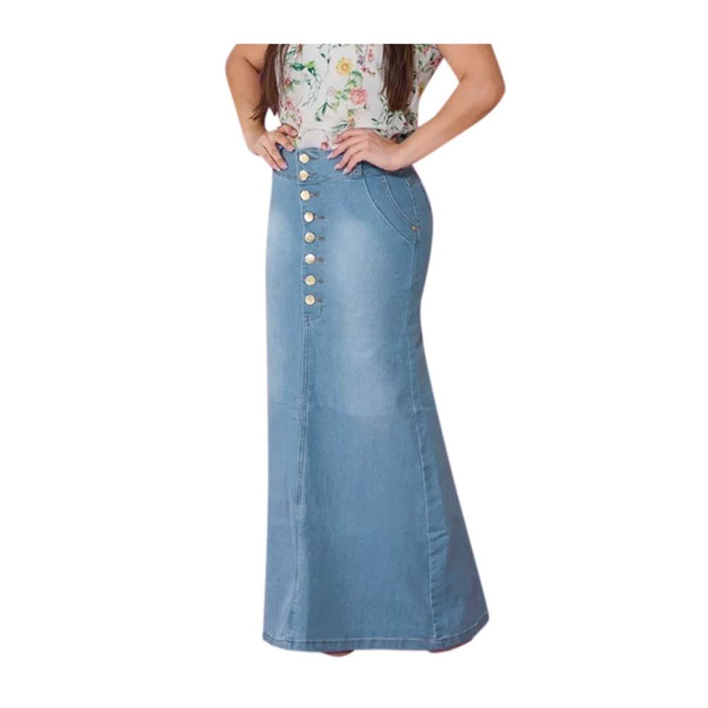 Schwarzer A-Linien-Jeans-Skort für Damen – Modischer Casual-Rock mit Knopfleiste lang geschnitten gewaschen Prinzessinnen-Stil