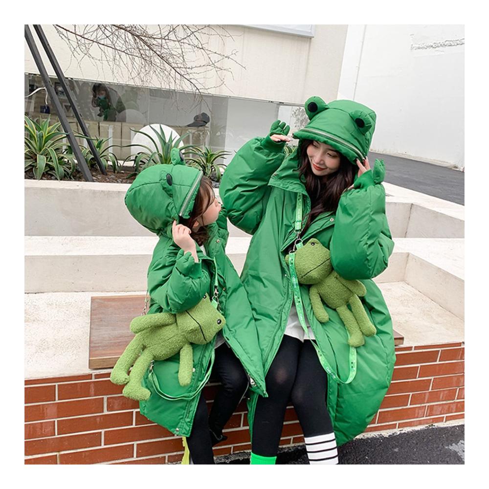 Grüner Froschmantel für Damen & Mädchen - Winterlicher Windbreaker mit Zipper Thermischer Kapuzenmantel für Outdoor-Aktivitäten