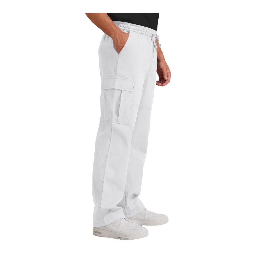 Herren Leinen Cargo Hose - Bequeme Relaxed Fit Pants mit Stretch Kordelzug und Wild Cargo Design