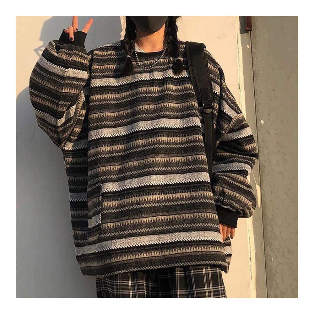 Gestreifter Damenpullover Oversize Sweatshirt im Harajuku-Stil Vintage-Look mit langen Ärmeln