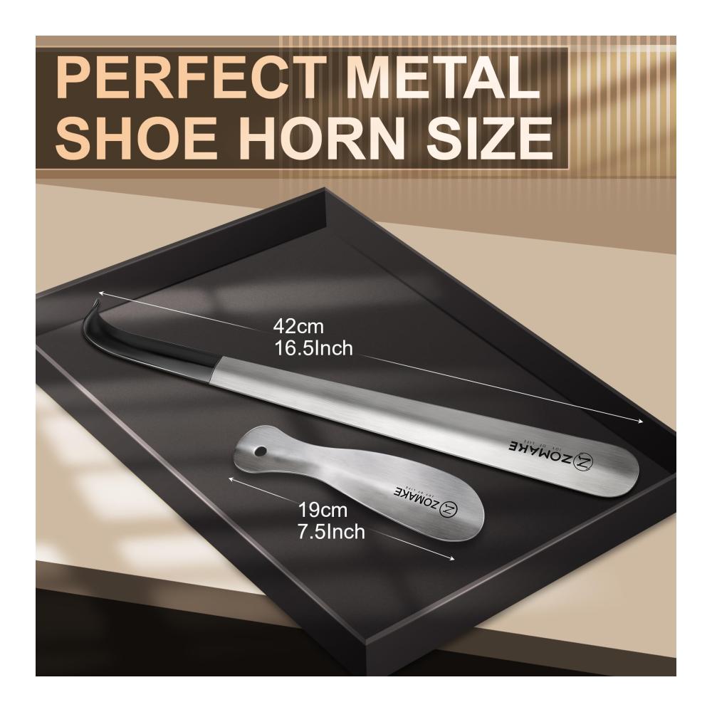 Edelstahl Schuhlöffel Set – 42cm Lang & 19cm Klein 2er Pack mit Gummihülse Wandhalterung für Senioren – Metall Schuhanzieher Shoe Horn Silber 42&19cm