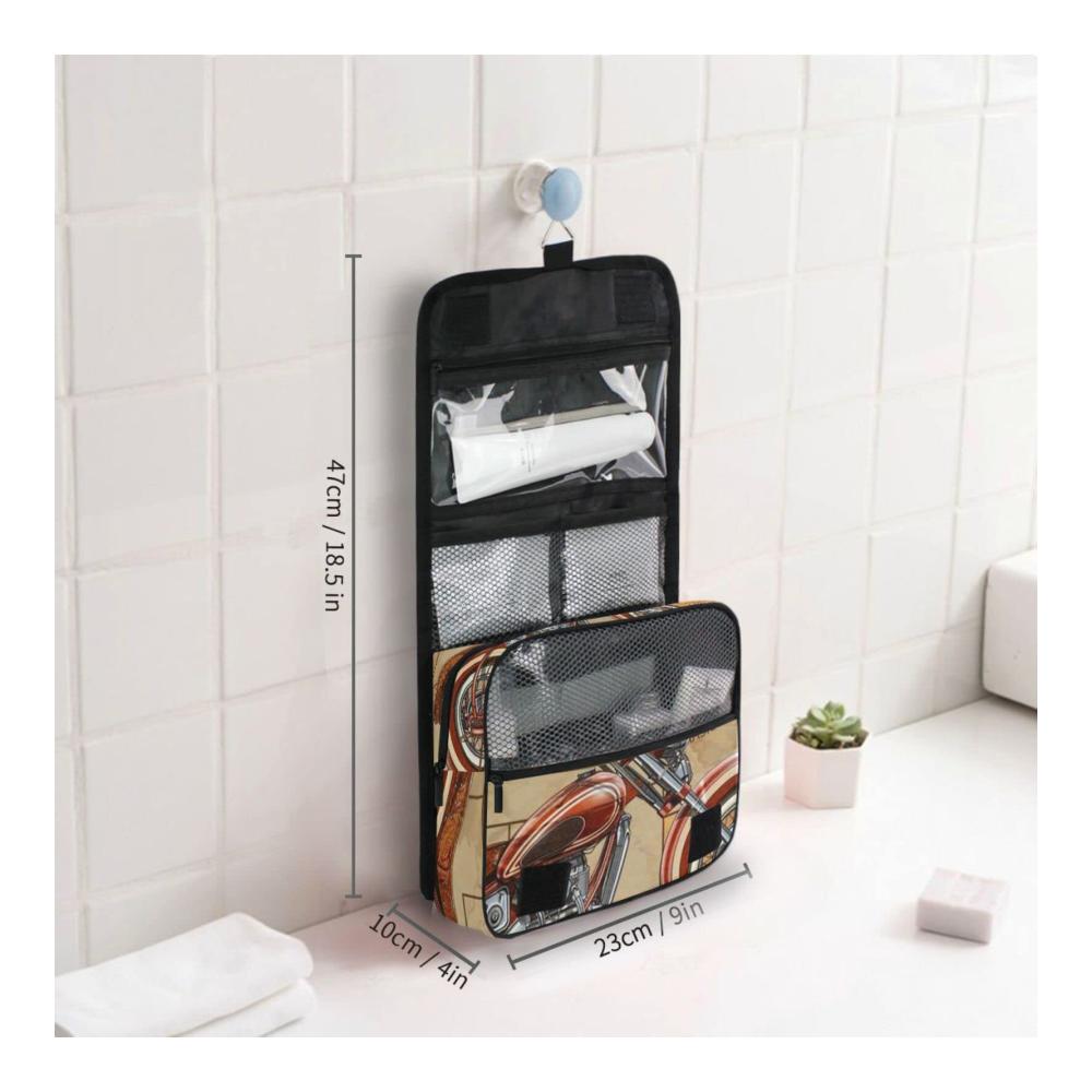 Kulturtasche Mops Praktischer Reise-Kulturbeutel für Damen und Herren – Hängende Kosmetiktasche Make-up-Aufbewahrungstasche im Route Motorrad Design – 9L X 4W X 18.5H cm ideal für unterwegs