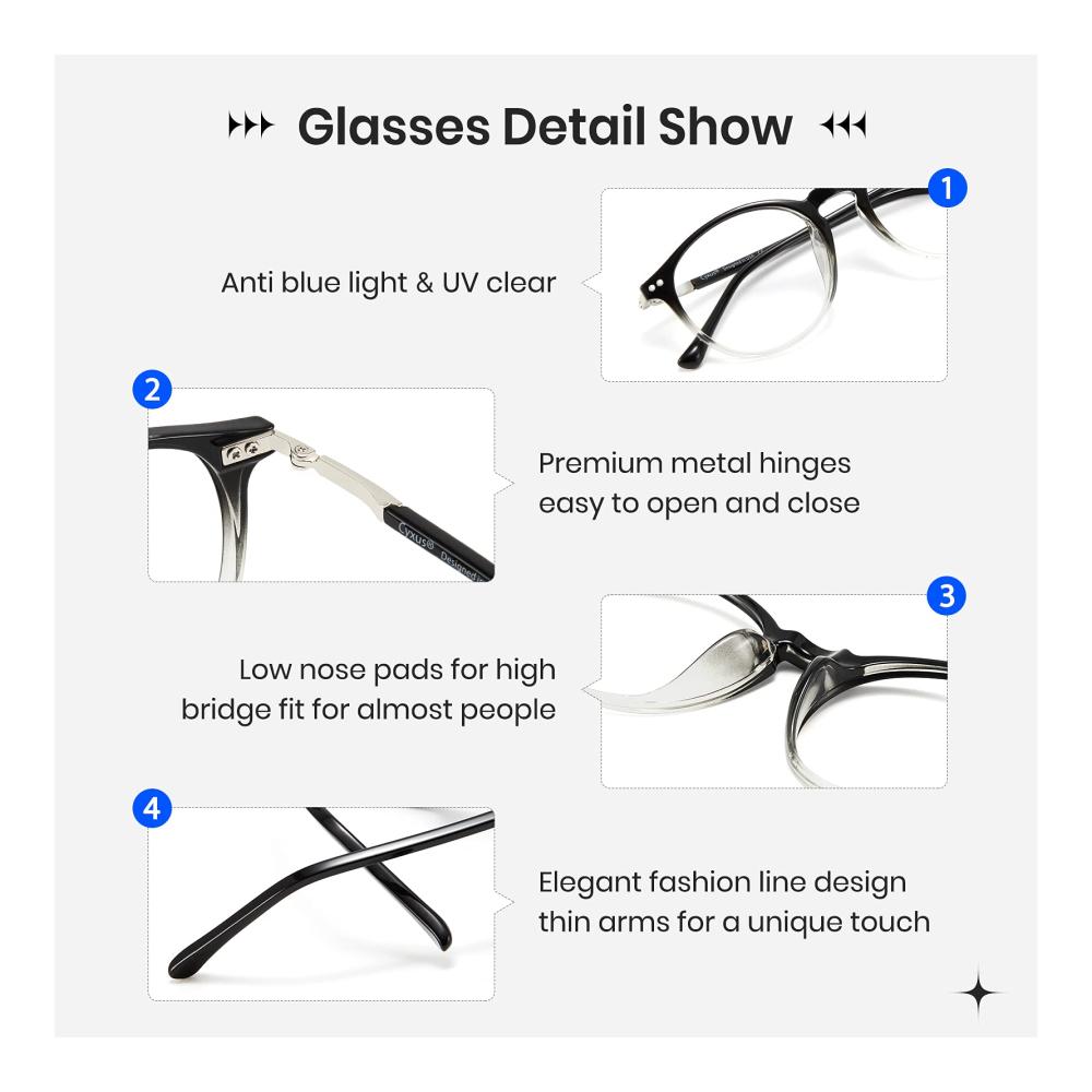 Blaulichtfilter-Brillen TR90 Brillengestelle für Damen und Herren - Leichte Rund-Brille ohne Sehstärke für Computer und Gaming - Anti UV 400 Retro-Design