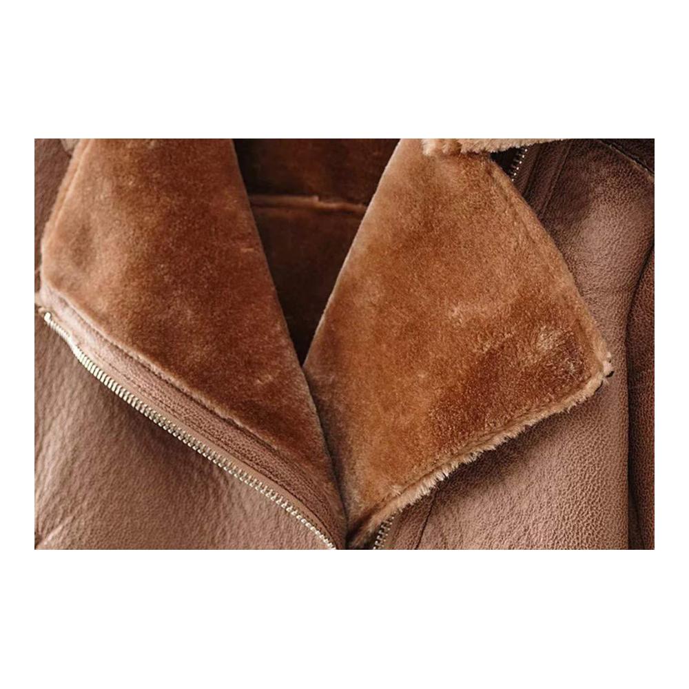 Damen Bikerjacke Wintermantel - Warme Übergangsjacke mit Stehkragen und Gürtel