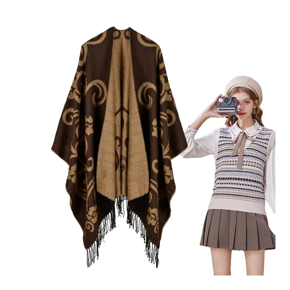 Doppelseitiger Damen-Schal-Poncho für kalte Tage Strickponchos & Capes mit Reisekaromuster – Warm lässig und bequem für Treffen Verabredungen Arbeit Reisen Schule und Zuhause
