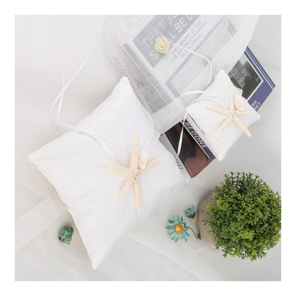 Exquisites Elfenbeinweißes Ringkissen mit Seesternmuster | Hochwertiges Trauringhalter-Accessoire (20x20cm) für die perfekte Hochzeitsfeier