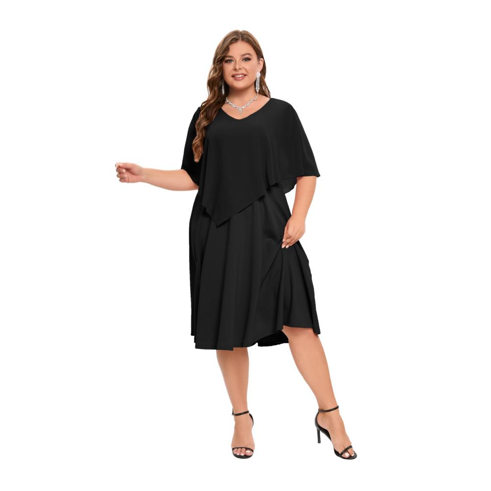 Chiffon Cocktailkleid Damen Große Größe | Elegantes A-Linien Abendkleid mit V-Ausschnitt und Overlay Knielang