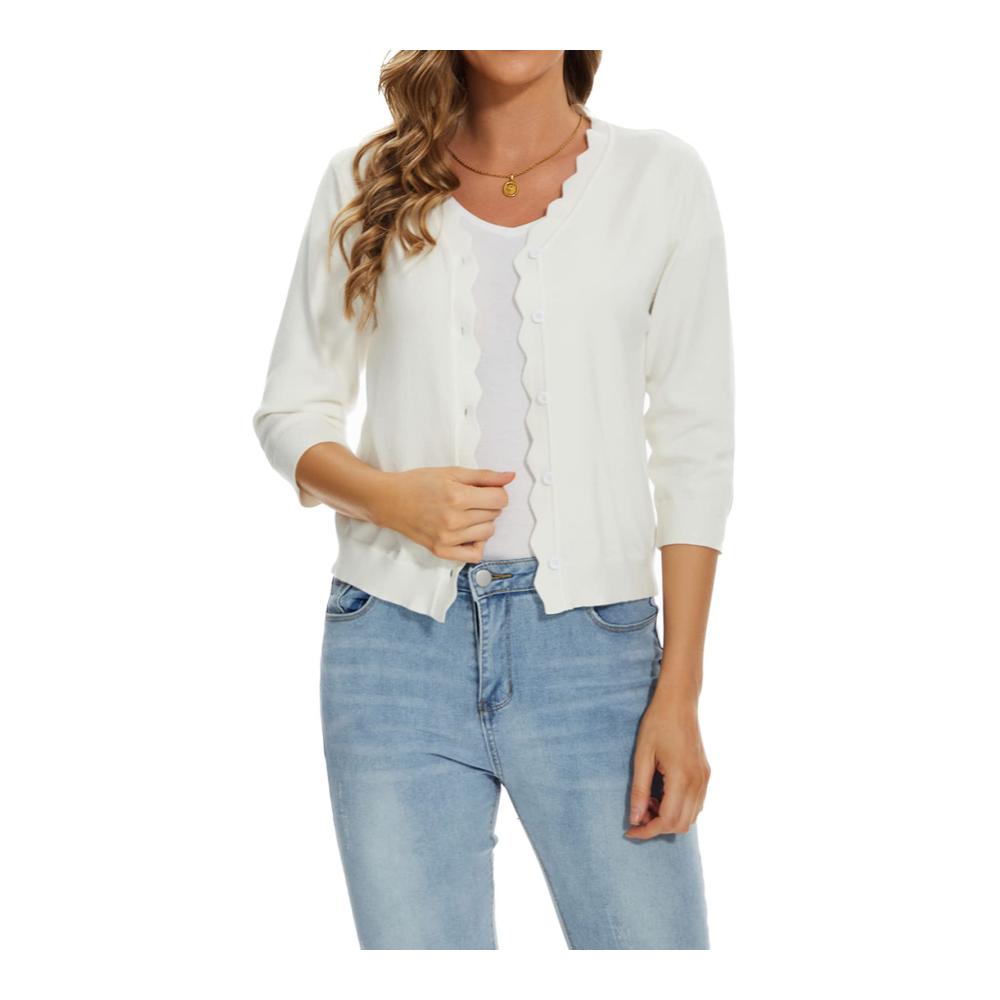 Damen Strickjacke mit V-Ausschnitt und 3/4 Ärmeln - Modischer Cardigan mit Knopfleiste eleganter Strickmantel und Knit Bolero in einem