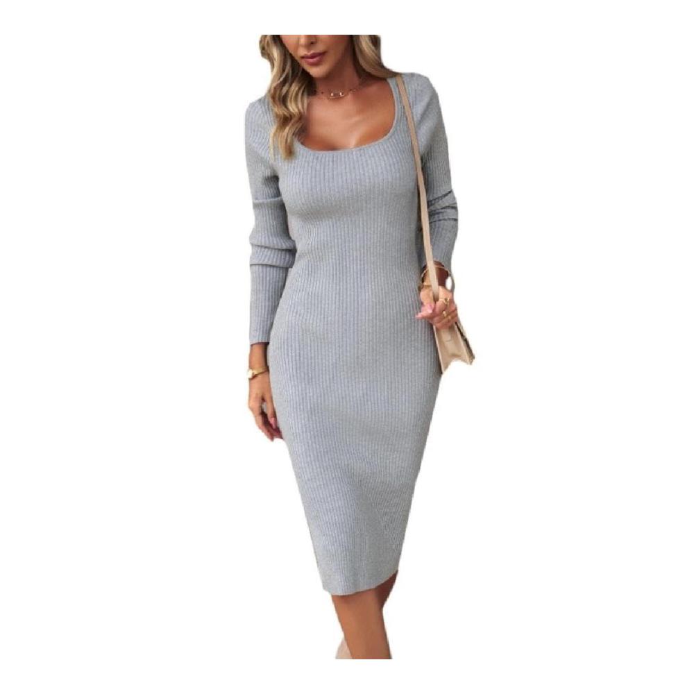 Elegantes Midi-Strickkleid für Damen Herbst/Winter Langärmlig mit Quadratausschnitt - Einfarbiges Geripptes Design - Streetwear & Vintage Häkelstrick Elemente