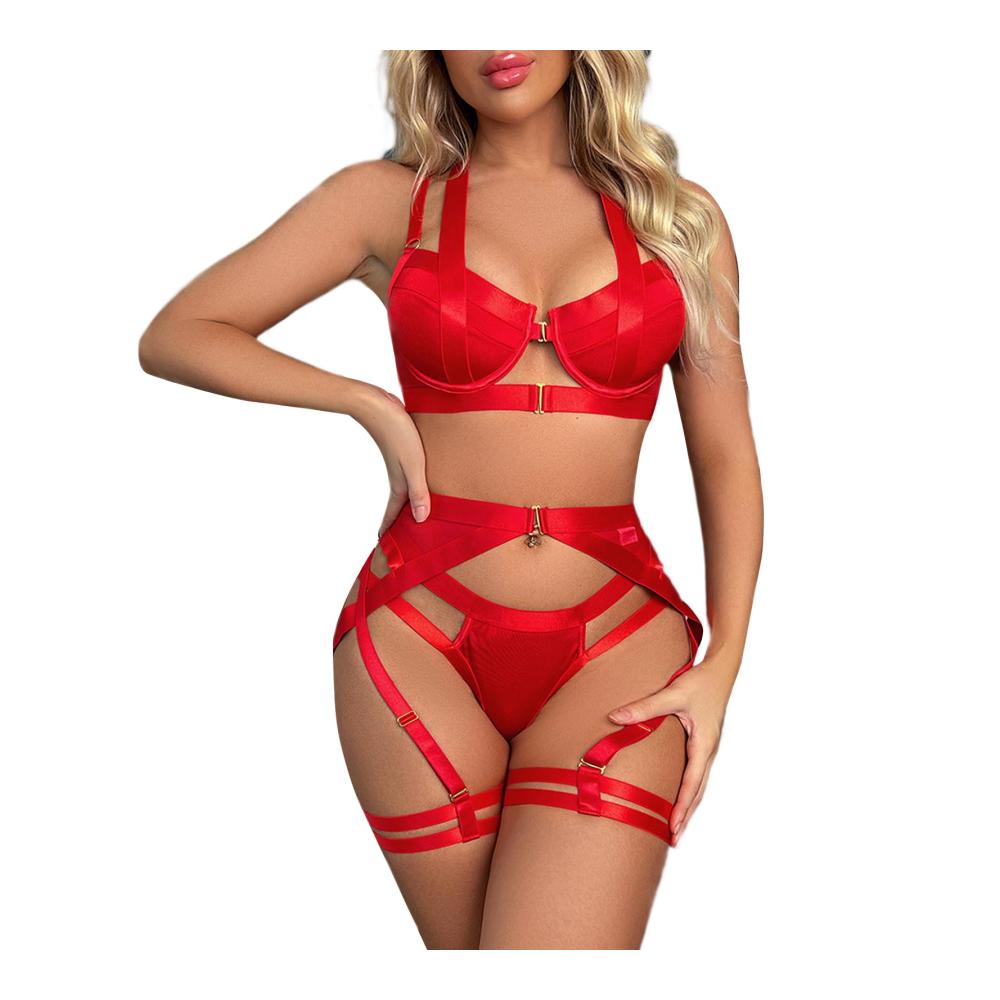 Damen Dessous Set Sexy Reizwäsche mit Strapsen V-Ausschnitt Rückenausschnitt BH Höschen und Strumpfband von YOMORIO - 3tlg Unterwäsche für verführerische Nächte