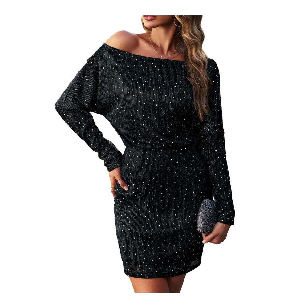 Party Glitzer Kleid Damen - Elegantes Langarm Bodycon Paillettenkleid mit Schulterfrei-Design - Enges Minikleid für Damen - Vintage Cocktailkleid für festliche Anlässe