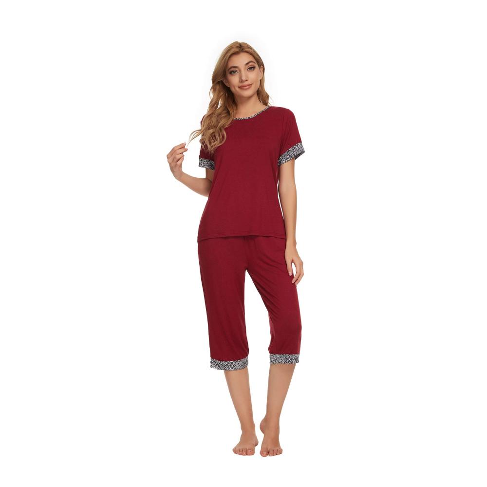 Damen Schlafanzug Kurzarm | Unifizz Nachtwäsche Set in Größe 38 | Bequeme Loungewear mit Spitzenmuster | Weinroter Pyjama für Frauen