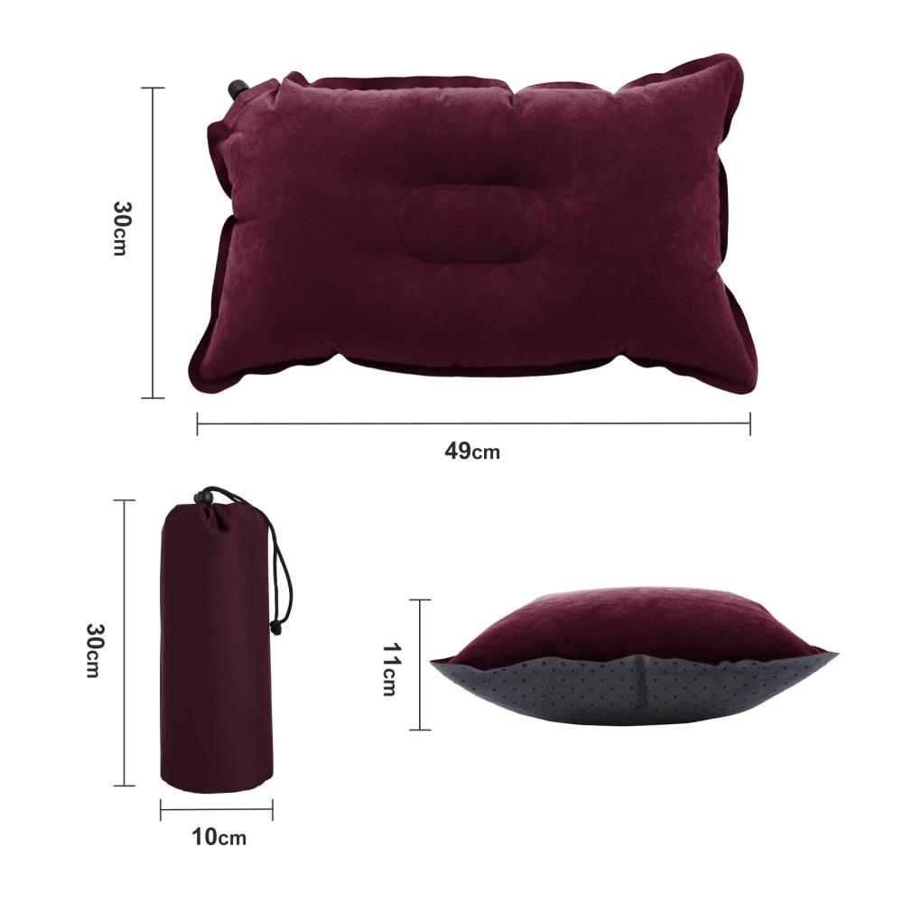 Bequemes aufblasbares Campingkissen mit Schaumstofffüllung für Strand Reisen und Outdoor-Aktivitäten - Ergonomisches Kopfkissen für Büro und Auto - 49x30 cm Bordeaux