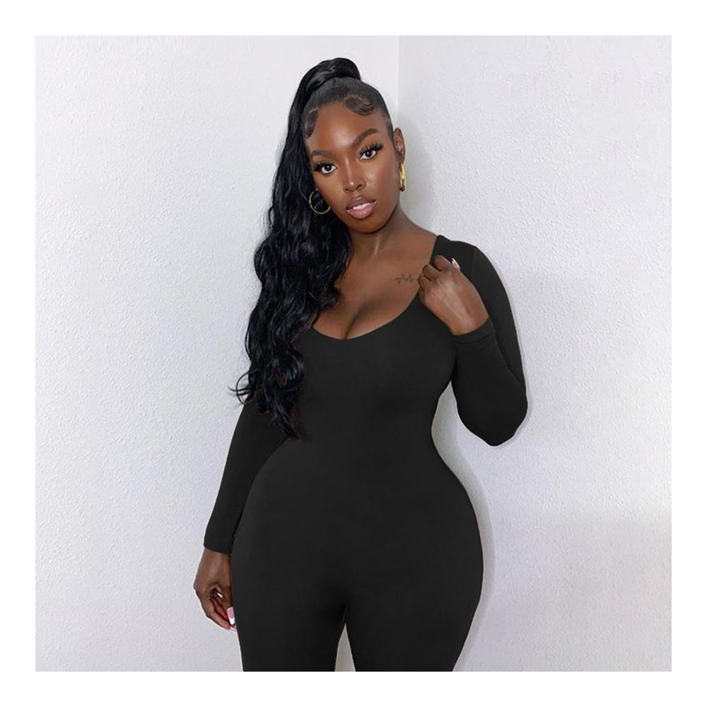 Langarm Jumpsuit Damen - Winter Fitness Overall mit niedrigem Kragen und hoher Elastizität