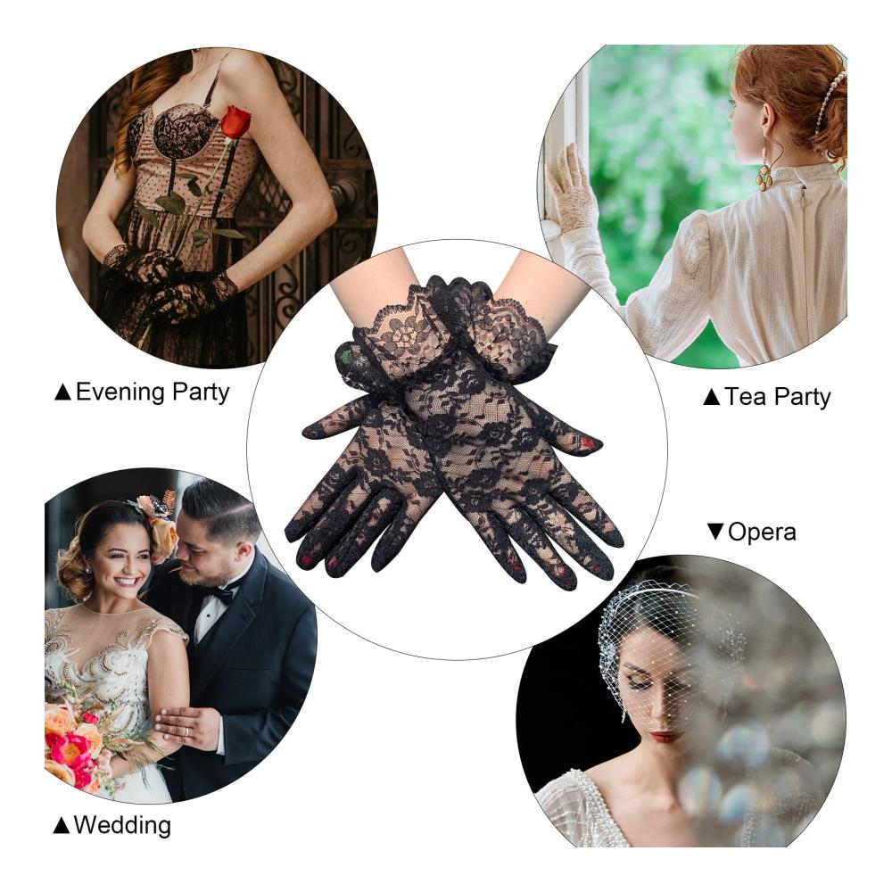Damen Spitzenhandschuhe (2 Stück) - Elegante Brauthandschuhe für Hochzeit Tea Party und Prom - Vintage Florale Spitze Kurze Länge Handgelenk-Handschuhe für Frauen