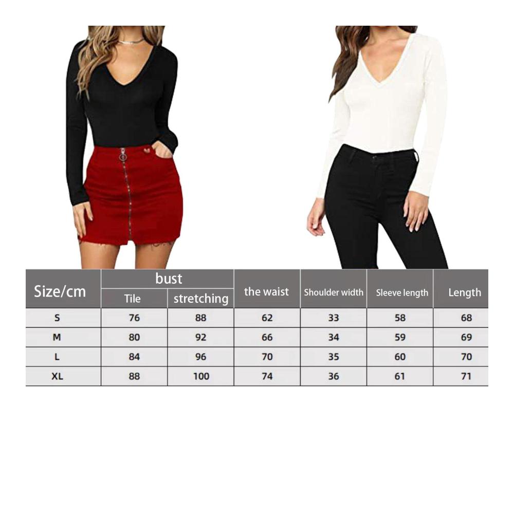Schwarzer Damen-Bodysuit Figurbetonter V-Ausschnitt Langarm-Trikot für den Winter