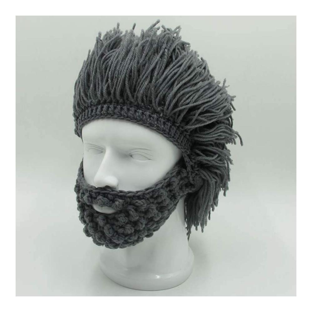 Handgemachte Barbarian Beanie Cap für Kinder und Erwachsene – Wikinger-Strickmütze mit Bartdetails lustige Skull Cap in Grau Große Größe