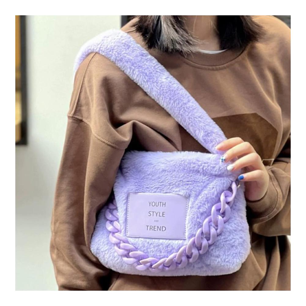 Cyber Y2K Plüsch-Schultertasche mit Reißverschluss – Stilvolle Damen Umhängetasche für den Winter