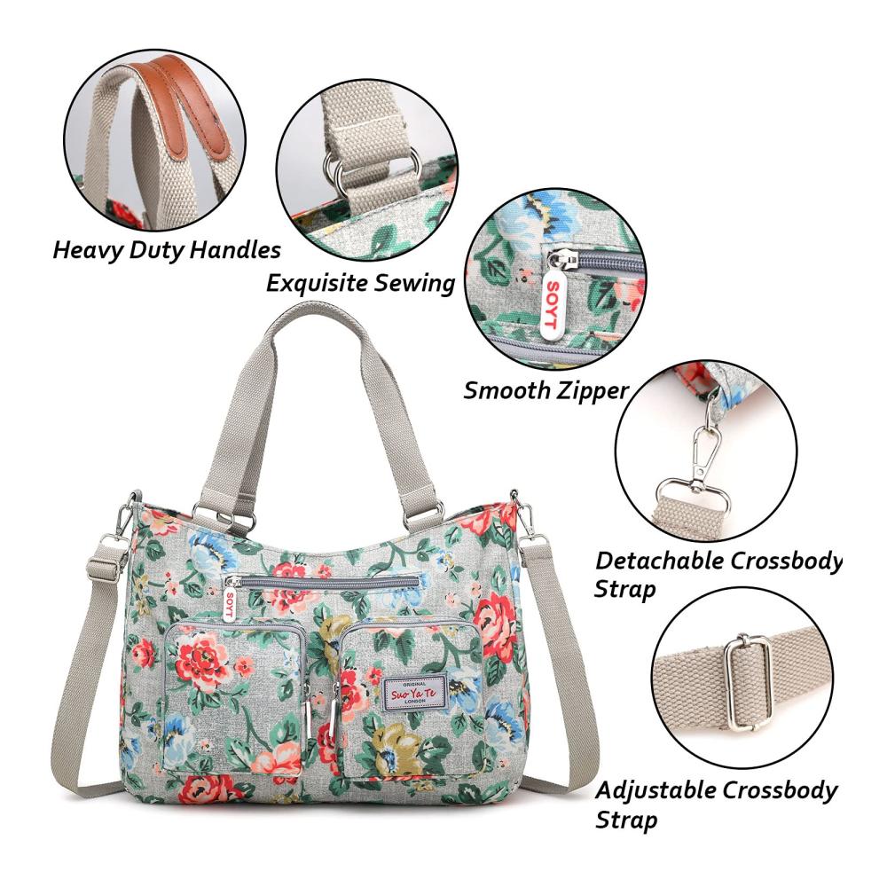 Große Damen Nylon Handtasche Wasserdichte Schultertasche mit Modemuster und Mehreren Taschen