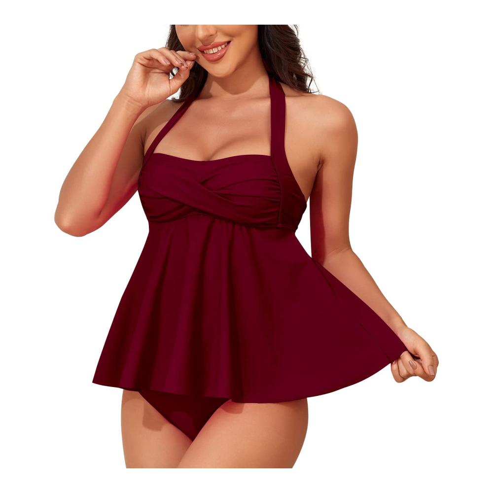 Bauchweg Tankini Set Sexy Push-up Bikini für Damen - Zweiteiliger Strand Schwimmanzug mit Neckholder