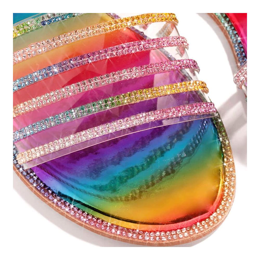 Damen-Sommer-Sandalen Bequeme Kristallschuh-Flats für modische Anlässe Retro Flipflops mit Knöchelriemen für Strand und Reisen (Multicolor