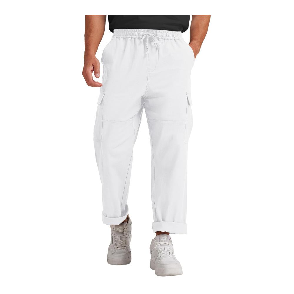 Herren Leinen Cargo Hose - Bequeme Relaxed Fit Pants mit Stretch Kordelzug und Wild Cargo Design