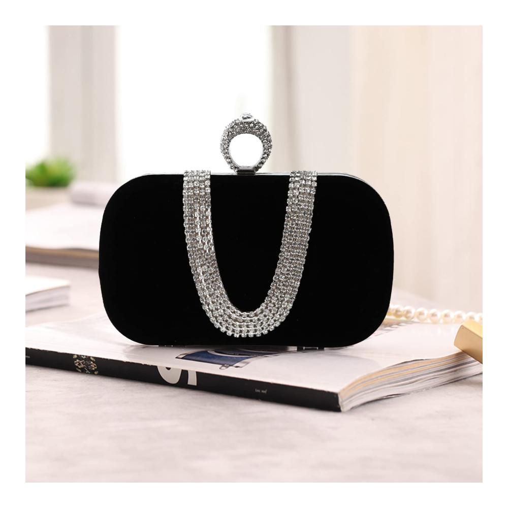 Elegante Damen Abendtasche Samt Clutch mit Glitter Strass und Kette - Schwarz