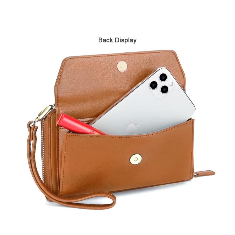 Braune Damen RFID Geldbörse mit Kreditkartenetuis Handytasche zum Umhängen - Doppelriemen Design