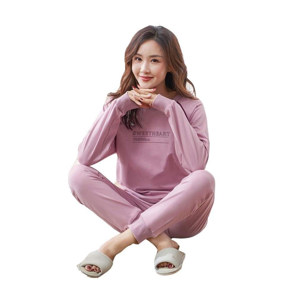 Damen Pullover-Pyjama 100% Baumwolle | Langarm Schlafanzug für Frühling und Herbst | Leichter Homewear Pyjama