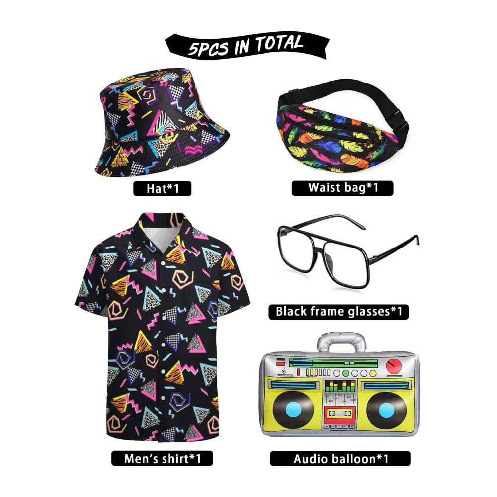 80er Jahre Trainingsanzug Set mit Rapper Accessoires für Herren - Hip Hop Kostüm mit Eimer Hut Gläsern und Bauchtasche - 90er Jahre Party Outfit für Erwachsene