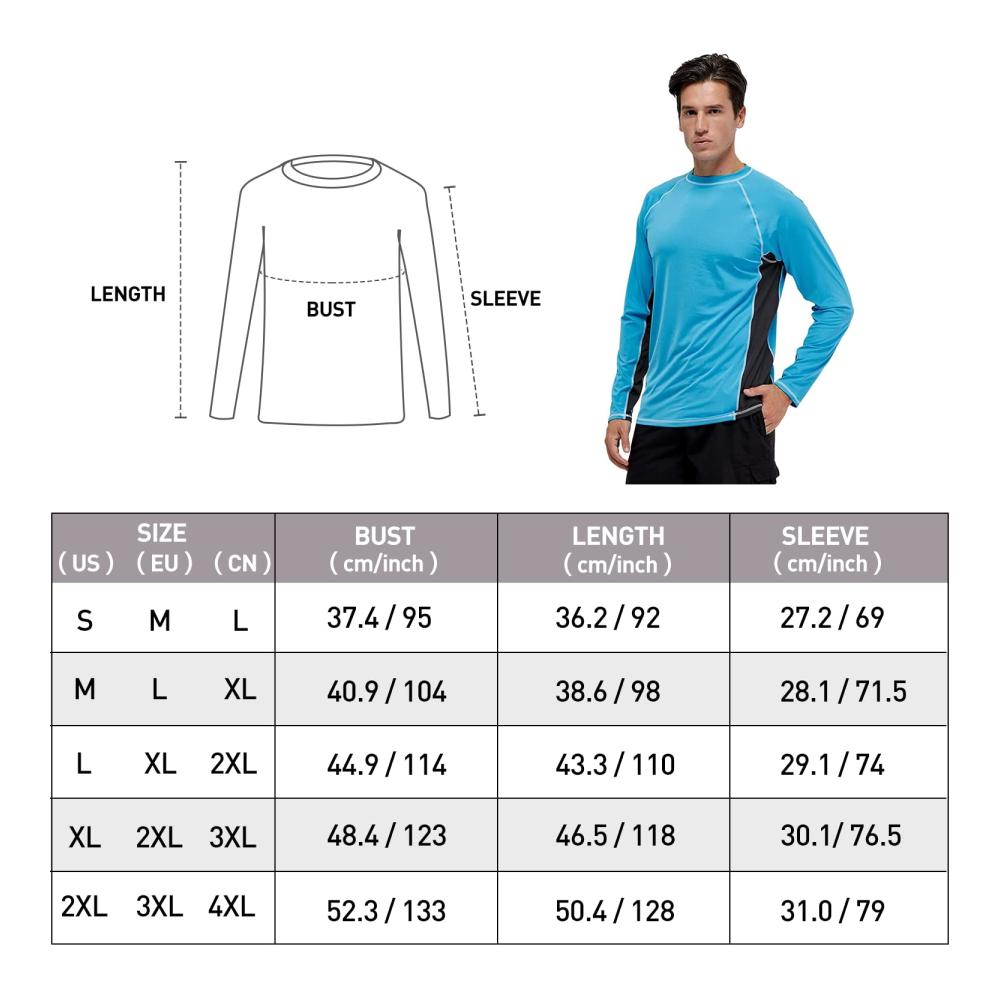 Langarmshirts Herren Rash Guards - UV-Schutz Farbecht Funktionsshirt Schnelltrocknend Atmungsaktiv - Wandershirt UPF 51 Sonnenschutz - Ideal für Surf Laufen Angeln Wandern - Hellblau Grau