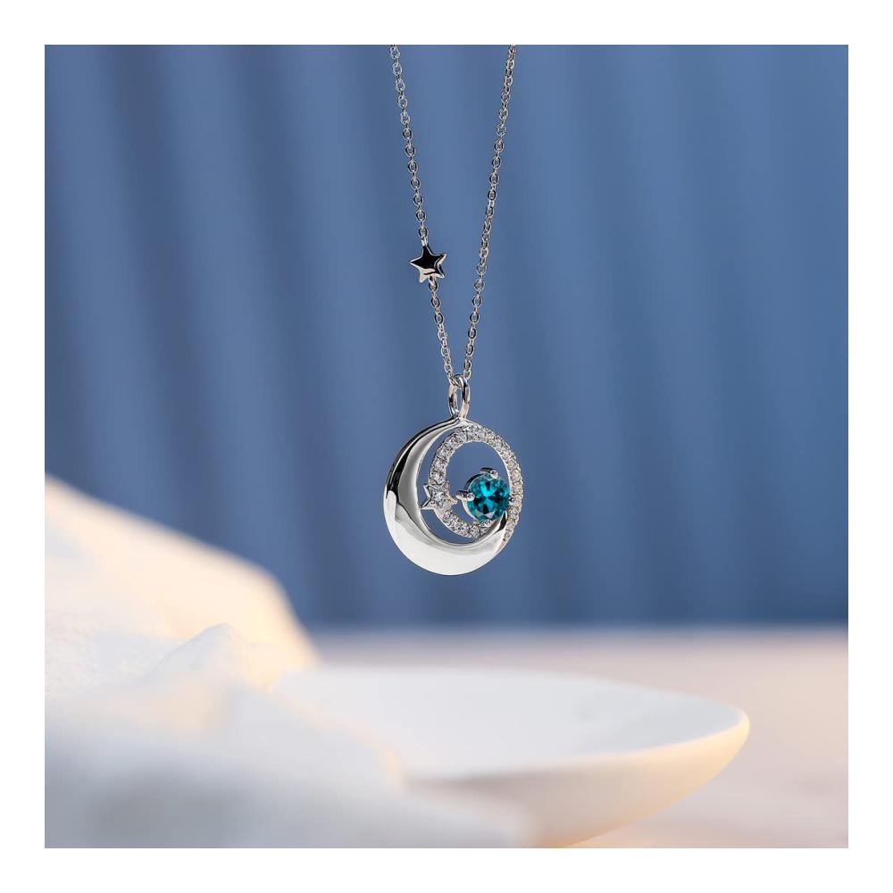 925 Sterling Silber Halskette mit Stern und Mond Anhänger Natürlich/Synthetisch Edelsteine Geburtsstein Kette - Perfektes Geschenk für Damen Mädchen Frauen zum Valentinstag Jahrestag Geburtstag - Schmuck mit Liebe und Stil