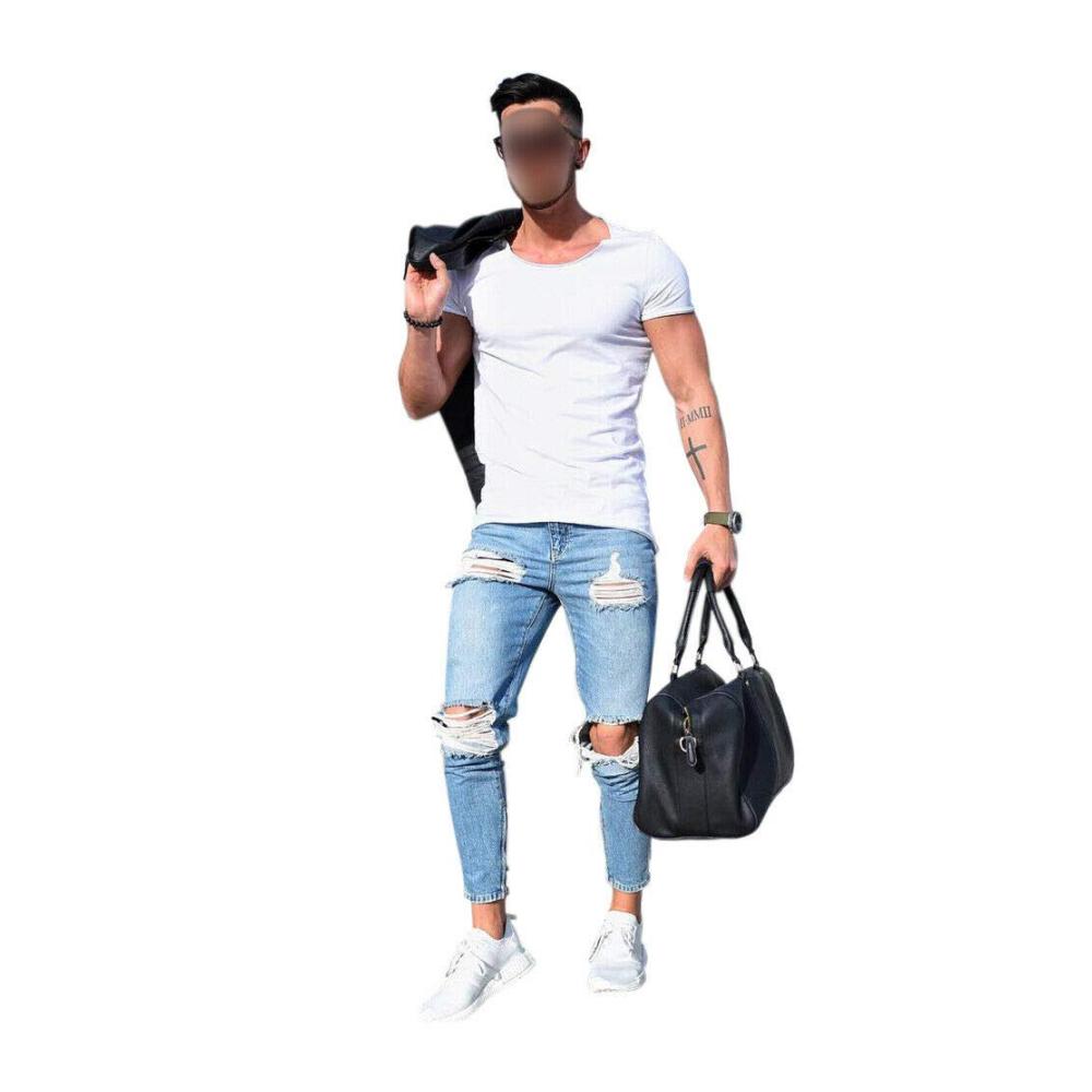 Herren Jeanshose - Blaue Sommerjeans mit offenen Knierissen dünnem Stoff und Stretch-Passform